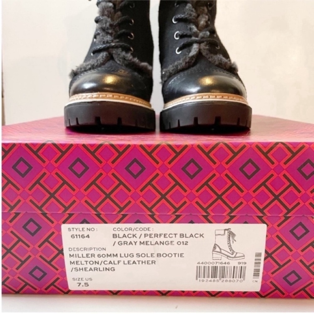 New Tory Burch Miller 60MM Black Lug Sole Shearling Boots Size 7.5 - Picture 2 of 13